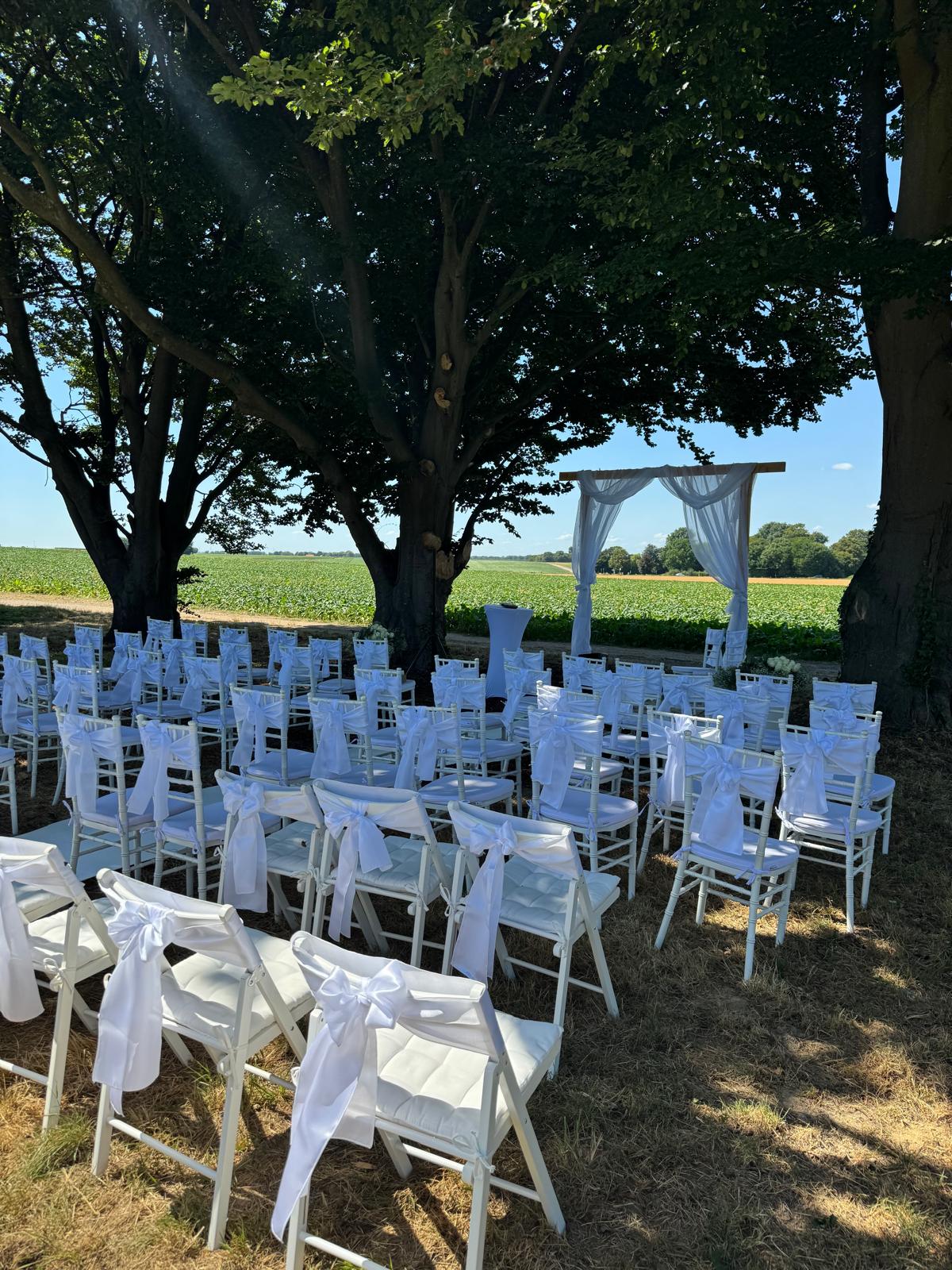 Stuhlreihen für die freie Trauung auf dem Feld bei einer Gartenhochzeit