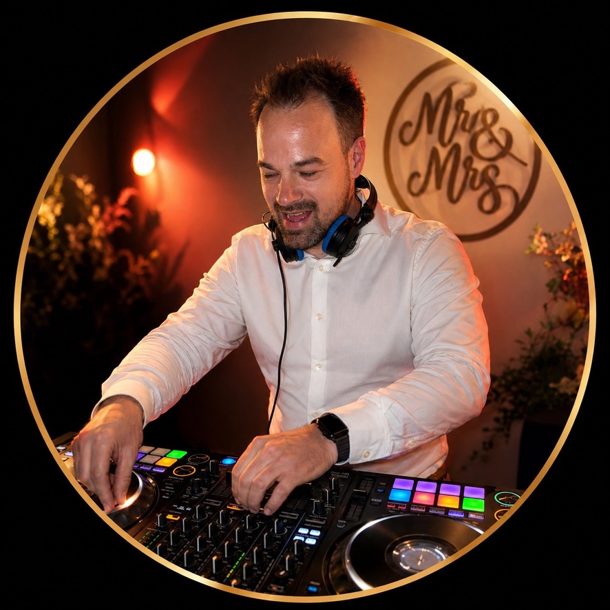 Brautpaar mit Mr-&-Mrs-Schildern am DJ-Pult