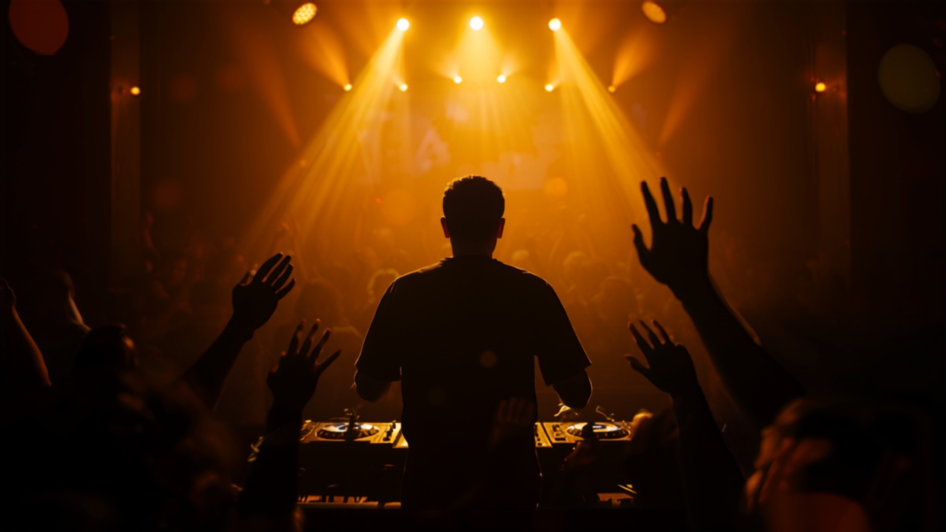 DJ am Pult vor voller Tanzfläche – Konzentration im entscheidenden Moment